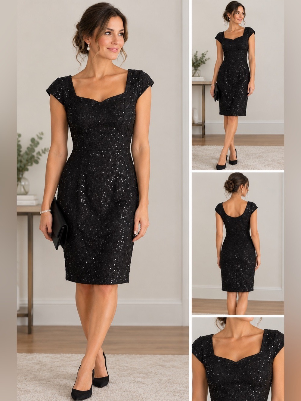 Black Sequin Cocktail Midi Dress with Cap Sleeves from Laura